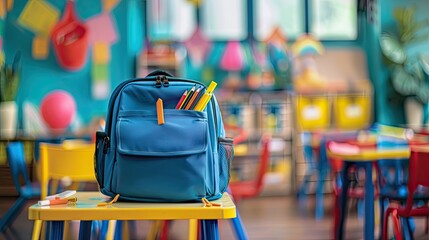 School backpack with stationery on table in classroom. Banner for design