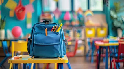 School backpack with stationery on table in classroom. Banner for design © Imron