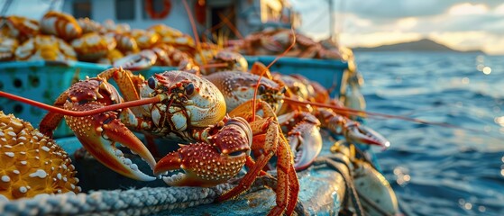Magnificent Sea Creatures - Image of Giant Lobster and King Crab on Boat Deck