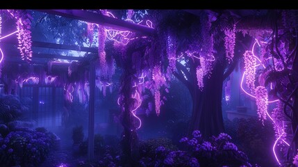 A mystical setting where gentle lavender neon lights trace the delicate shapes of wisteria leaves, hanging from a trellis and casting a magical glow in a night garden.