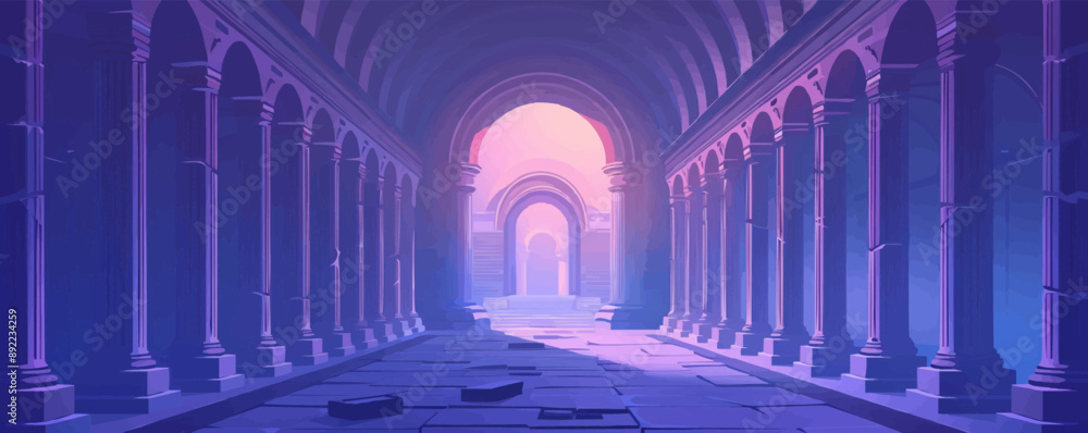 Poster ancient ruins with columns and arches vector flat minimalistic isolated illustration