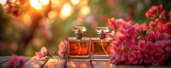 two perfume bottles with flowers on the background, beautiful background, blurred background