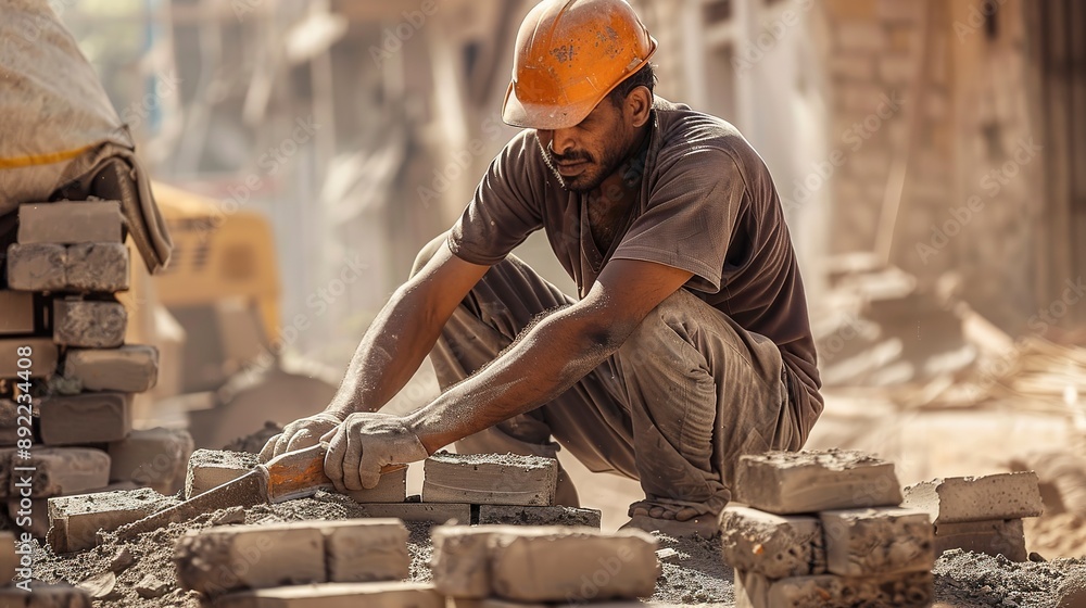 Canvas Prints A construction worker is laying bricks on a building site.