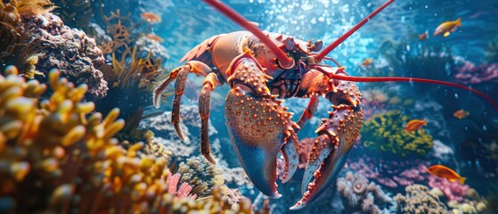 Majestic Underwater Encounter: Giant Lobster and King Crab in 8K Detail Amid Vibrant Reef Backdrop