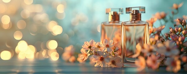 Two perfume bottles with flowers on a blurred background, copy space for text, a banner design template in the style of a banner