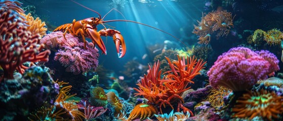 Fototapeta premium Underwater Kingdom: Stunning Image of Giant Lobster and King Crab in Vibrant Coral Reef Habitat