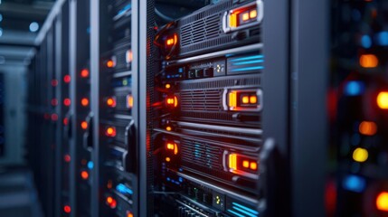 Row of server racks with glowing LED lights in a modern data center, highlighting advanced technology and digital infrastructure.