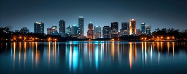 Obraz premium City skyline illuminated at night with colorful lights reflecting in the calm water, creating a stunning urban nightscape.