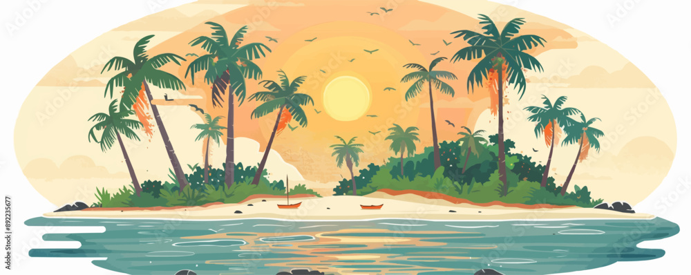 Poster tropical island scene with palm trees and coconuts vector flat minimalistic isolated