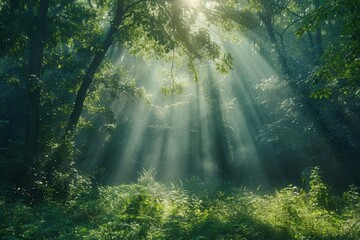 Obraz premium Sunlight filtering through dense trees, captivating the nemophilist, a devotee of forests and woodland scenery.