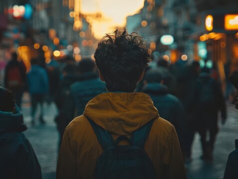 A person slightly out of focus in a crowd, symbolizing monachopsis, the subtle but persistent feeling of not belonging.