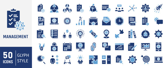 Management glyph icons set. Management, mission, growth, achievement, teamwork, strategy and communication. Vector illustration