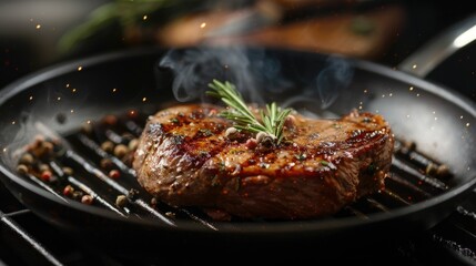 Veal steak flying over grill pan on dark background