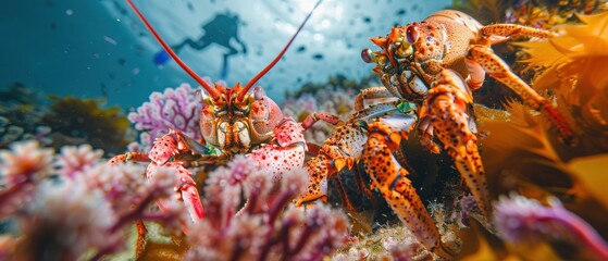 Underwater Kingdom: Magnificent Image of Giant Lobster and King Crab Surrounded by Lush Marine Plants