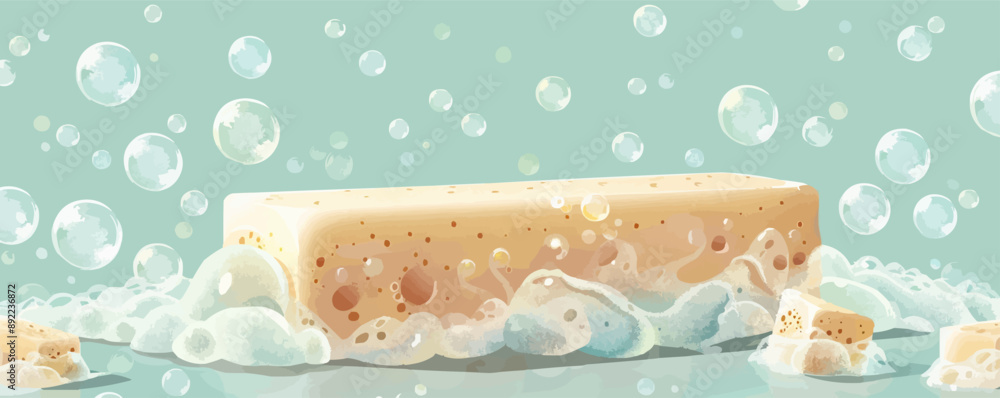 Poster a bar of soap with bubbles floating around it, resting on the white background. vector flat minimali