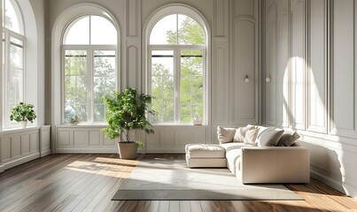 Fototapeta premium Spacious Living Room with a Modern Sofa and Sunbeams