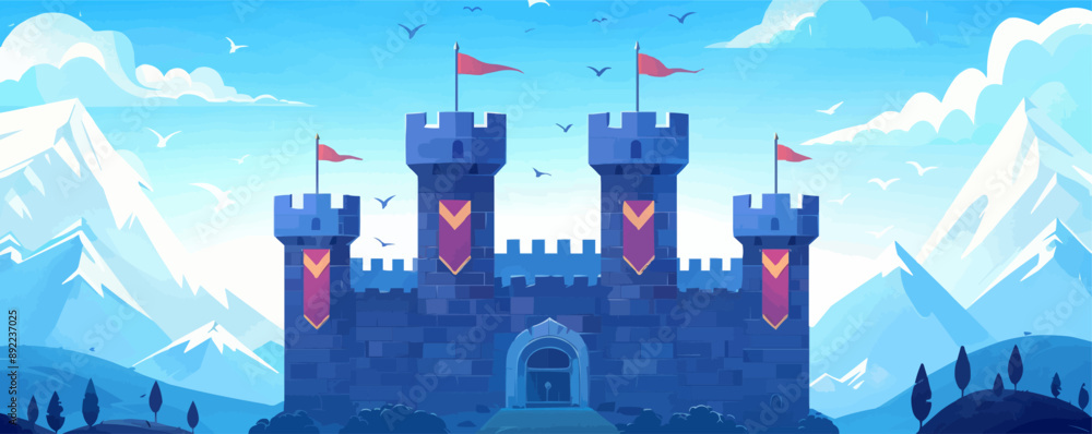 Poster medieval castle tower with flags waving in the wind vector flat minimalistic isolated