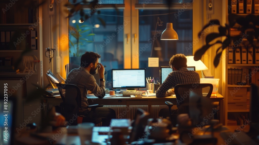 Poster Two people collaborating on a task using a computer, suitable for business or technology-related projects