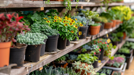 Potted Plants for Sale at a Local Garden Center. The image showcases a variety of potted plants neatly arranged on shelves in a garden center