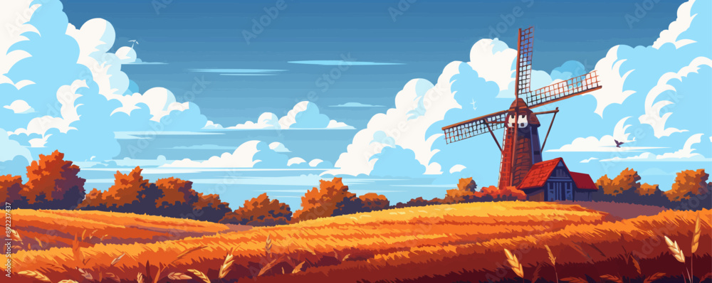 Poster rustic windmill overlooking a field of wheat. vector flat minimalistic isolated