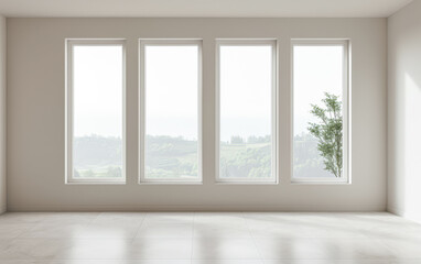 Fototapeta premium Large window in an empty luxury apartment room with no furniture and copy space. Residential interiors design composition mockup image. 28