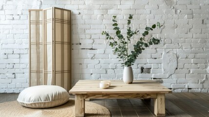 Wooden coffee table with eucalyptus branches in vase  folding screen and pouf near white brick wall