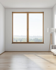 Fototapeta premium Large window in an empty luxury apartment room with no furniture and copy space. Residential interiors design composition mockup image. 28