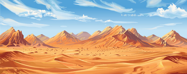 Panorama background of sand dunes. Desert landscape with blue sky. Vector illustration