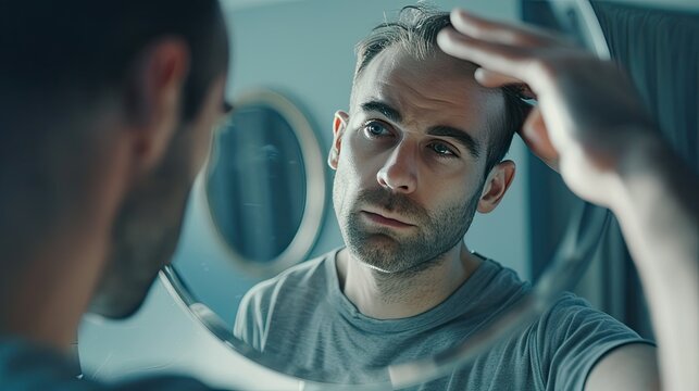 man with hair loss problem looking in mirror at home