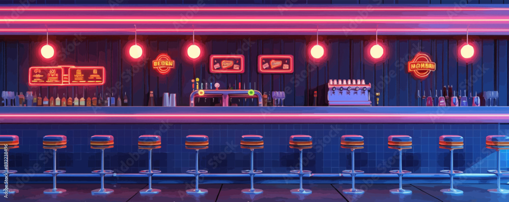 Poster retro diner with neon signs and chrome stools vector flat minimalistic isolated