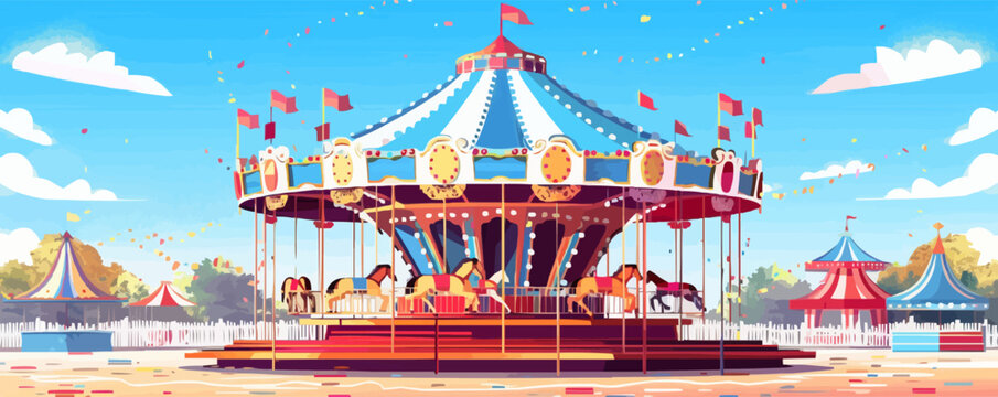 Old-fashioned carousel at a fairground Vector flat minimalistic isolated