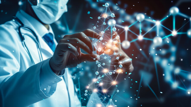 A man in a white coat near a virtual screen depicting DNA compounds. Digital health and medical diagnostics. Technology, science concept.