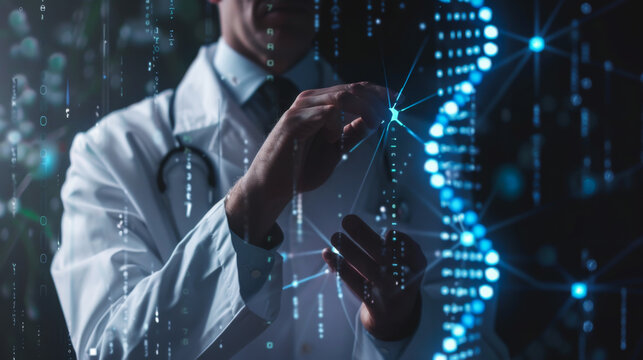 A man in a white coat near a virtual screen depicting DNA compounds. Digital health and medical diagnostics. Technology, science concept. - Powered by Adobe