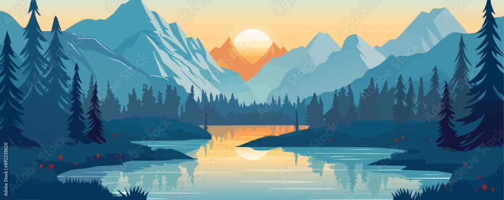 Wall mural River flowing through mountains. Vector flat minimalistic isolated illustration.