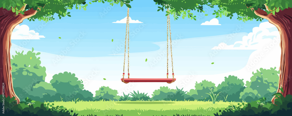 Poster swing hanging from a tree branch in a park. vector flat minimalistic isolated