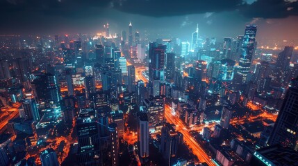 Fototapeta premium Aerial view of a city at night with buildings and streets lit up