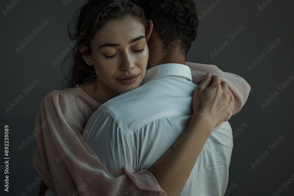Poster a man and a woman hugging each other in a warm moment of affection