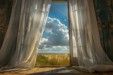 Curtains billowing in the breeze from an open window, creating a sense of freedom