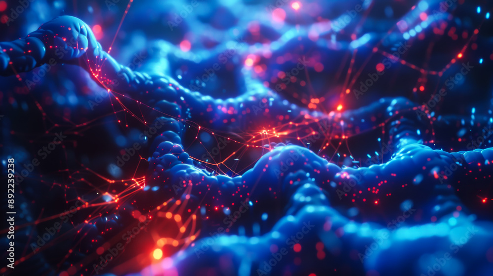 Poster abstract dark background. blue and red organic shapes, smooth lines. a complex web pattern, nerve co