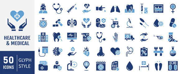 Medical glyph Icons set. Hospital, patient, medicine, pharmacy, nurse, prescription and medical report. Vector illustration