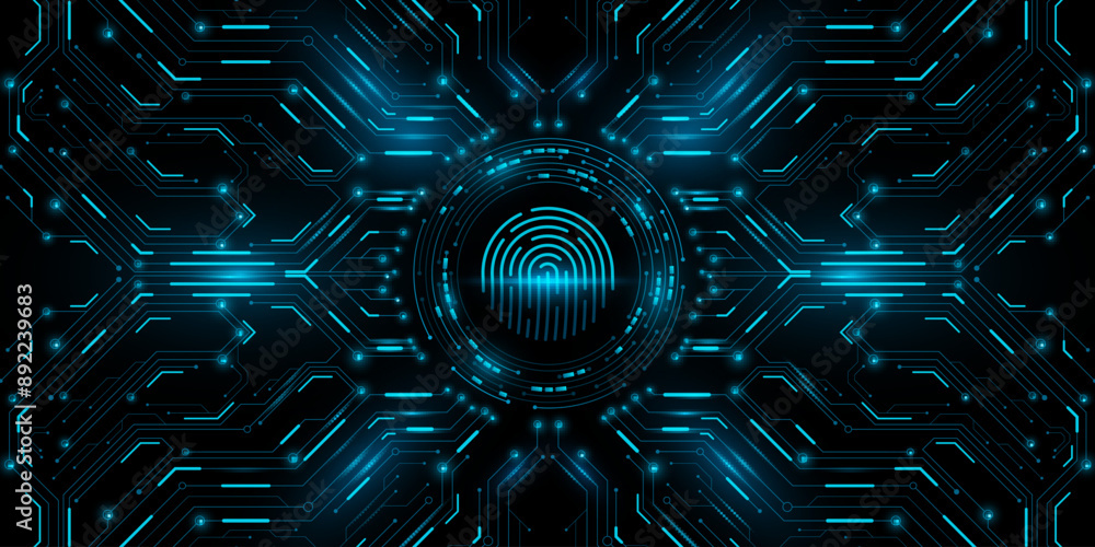 Poster futuristic sci-fi board with scanning fingerprint. cybersecurity panel with user biometric data. hi-