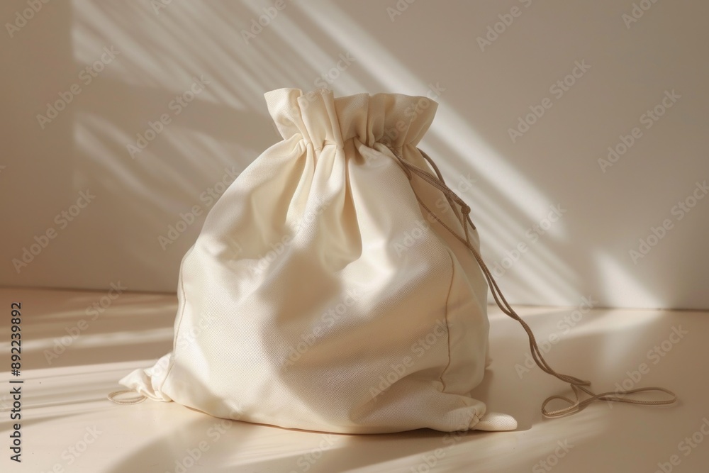 Poster a white drawstring bag sits on the floor, ready for use