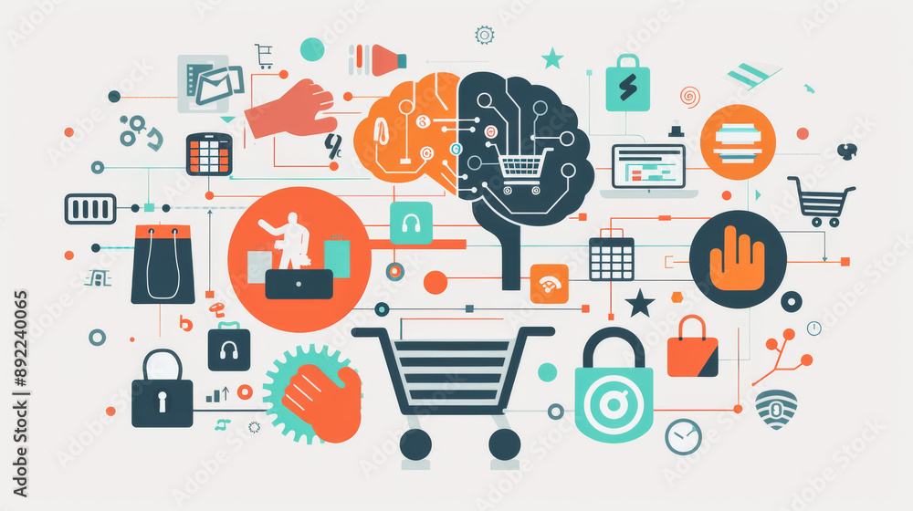 Aufkleber computer screen with brain and shopping carts. abstract background. technology concept.