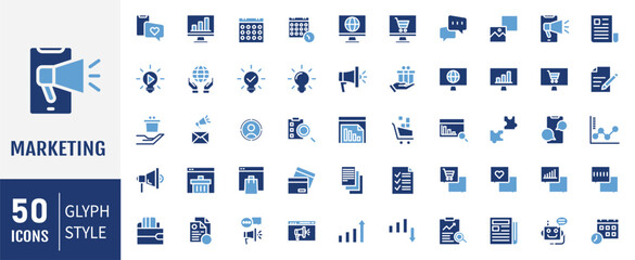 Marketing icon set. Containing seo, content, website, social media, sales and online advertising. Vector illustration