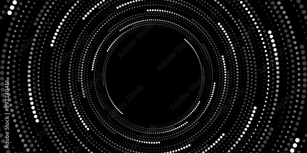Poster digital circles of glowing dots on black background. big data visualization into cyberspace. neural 