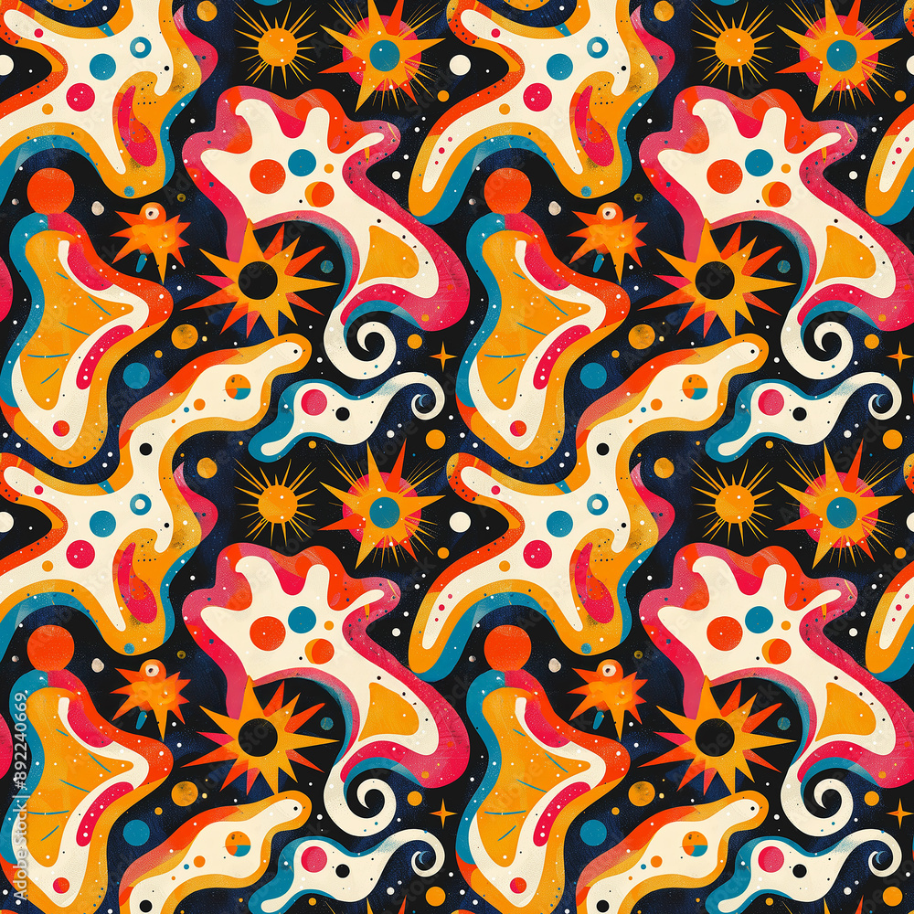 Poster abstract colorful cosmic pattern with stars, swirls, and blobs