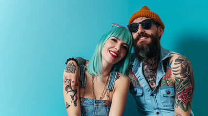 The image features a cheerful couple with tattoos, both smiling brightly. 