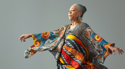 Obraz premium A vibrant image of a mature woman dressed in a colorful, ethnic-inspired fashion outfit. 