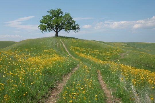 A lone tree stands in a field of yellow flowers