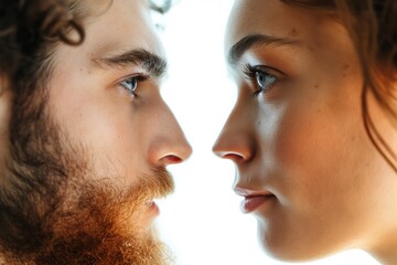 Fototapeta premium An affectionate couple making eye contact, expressing love and tenderness in a romantic summer portrait.